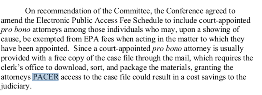 Screenshot of PACER fee changes